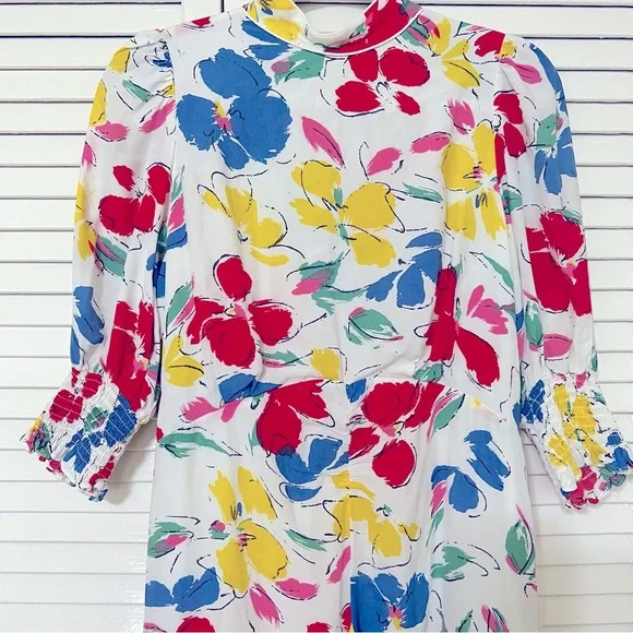 Rixo white Floral multicolored Mock Neck Cascade Ruffle Dress short sleeves sz 6 - Picture 4 of 16